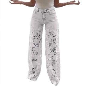 White Lace Overlay Wide-Leg Pants